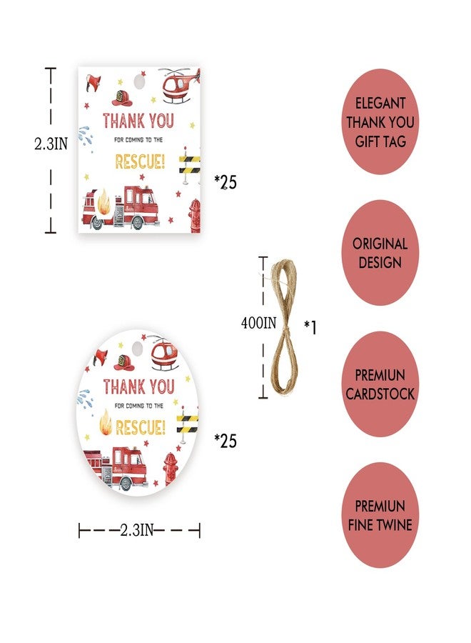 FORSHEEP 50pcs Fire Truck Thank You Tags, Firefighter Gift Tag with String for Birthday Party, Round Thank You Paper Tags for Boy Birthady/Fireman Themed Party Favors - Image 2